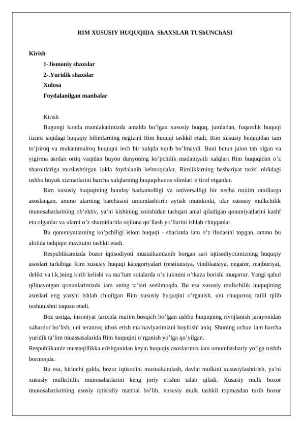 RIM XUSUSIY HUQUQIDA ShAXSLAR TUShUNChASI