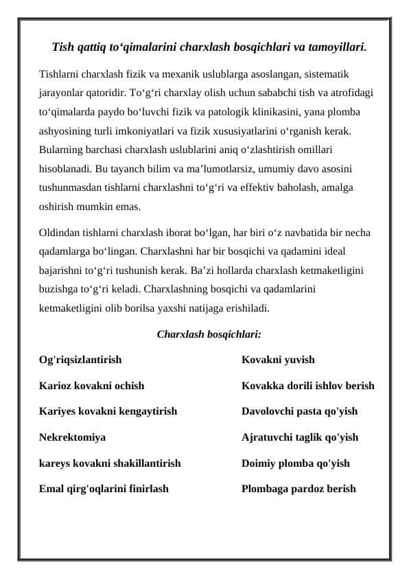 Tish qattiq to‘qimalarini charxlash bosqichlari va tamoyillari