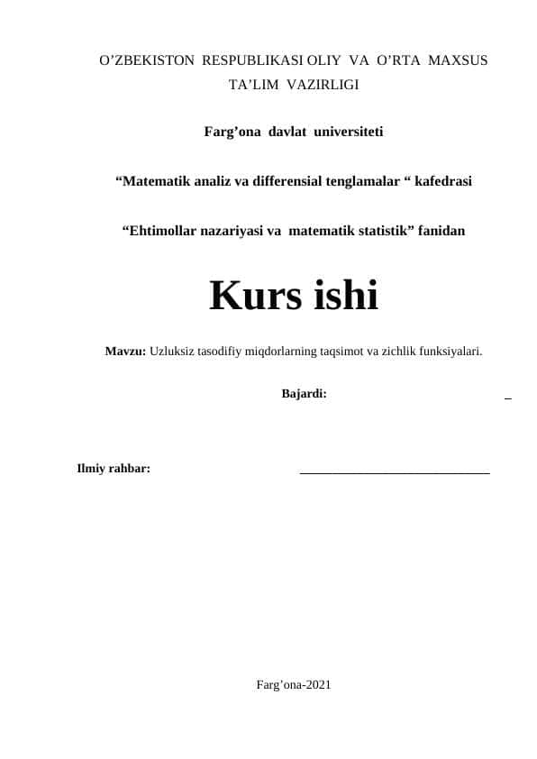 Uzluksiz tasodifiy miqdorlarning taqsimot va zichlik funksiyalari.