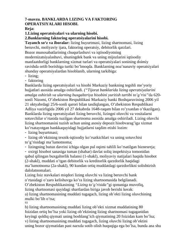 BANKLARDA LIZING VA FAKTORING OPERATSIYALARI HISOBI.