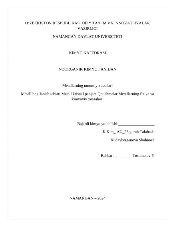 Metallarning umumiy xossalari