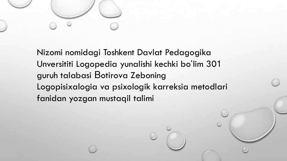 Nutqning tepm ritm buzilishlari boʻlgan bolalarning psixologik xususiyatlari ( bilish jarayonlari xissiy- irodaviy soxasi shaxslararo munosabat faoliyati) ularni tekshirish va korreksiyakash