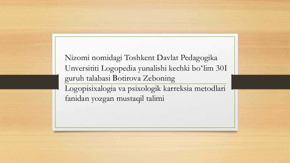 Tovushlar talaffuzida kamchiligi boʻlgan bolalarning psixologik xususiyatlari (bilish jarayonlari xissiy-irodaviy soxasi , shaxslararo munosabat faoliyati) ularni tekshirish va korreksiyalash