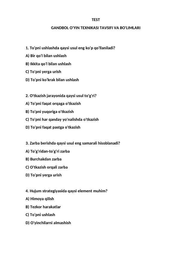 GANDBOL O'YIN TEXNIKASI TAVSIFI VA BO'LIMLARI