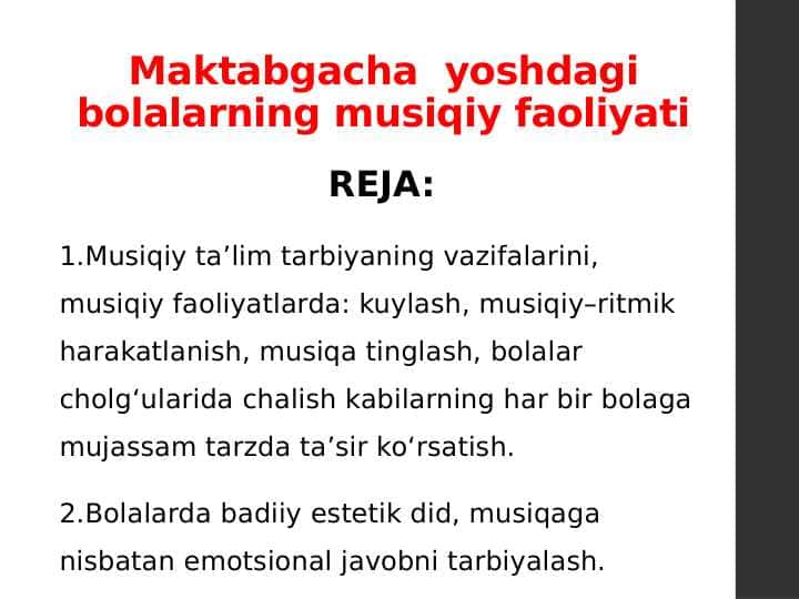 Maktabgacha yoshdagi bolalarning musiqiy faoliyati