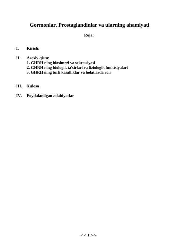 Gormonlar. Prostaglandinlar va ularning ahamiyati. Ganaradilin ioni