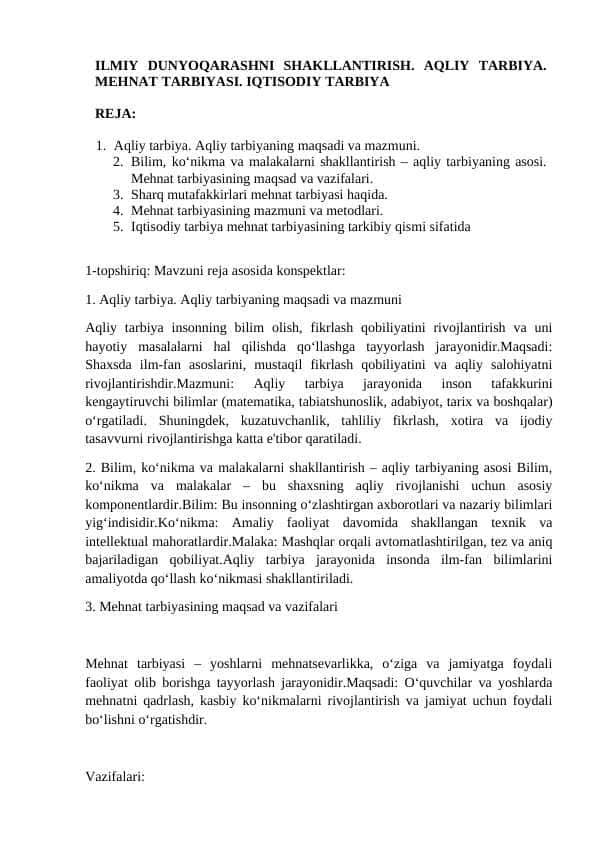ILMIY DUNYOQARASHNI SHAKLLANTIRISH. AQLIY TARBIYA. MEHNAT TARBIYASI. IQTISODIY TARBIYA