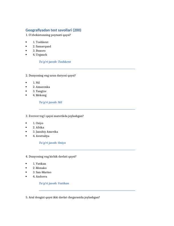 Geografiyadan testlar-200 ta