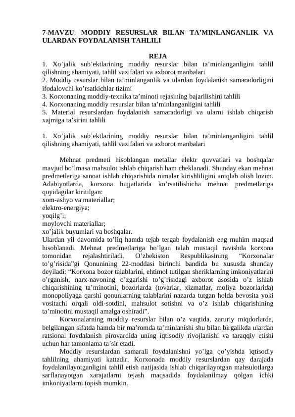 MODDIY RESURSLAR BILAN TA’MINLANGANLIK VA ULARDAN FOYDALANISH TAHLILI