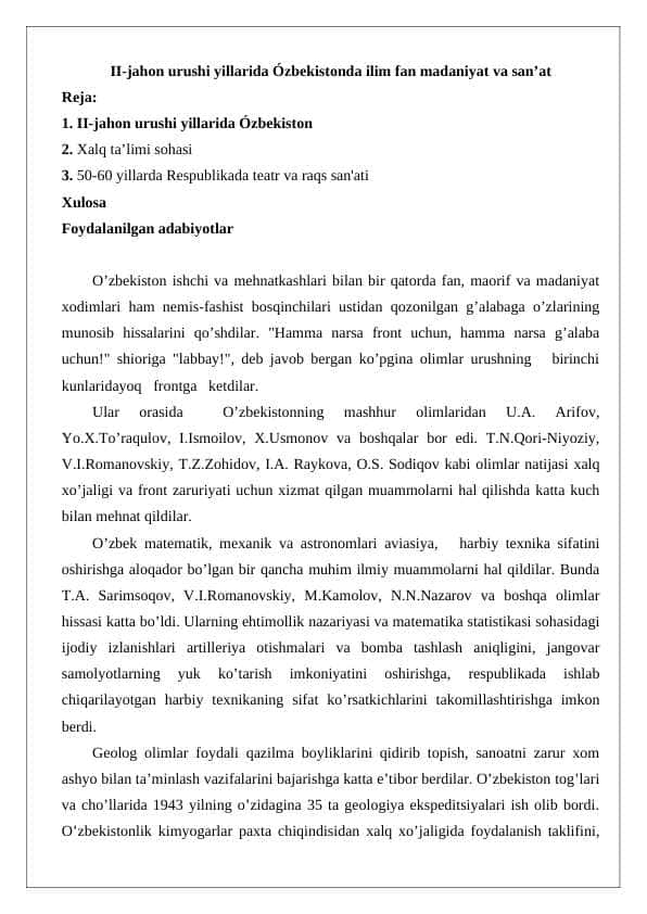 II-jahon urushi yillarida Ózbekistonda ilim fan madaniyat va san’at 24