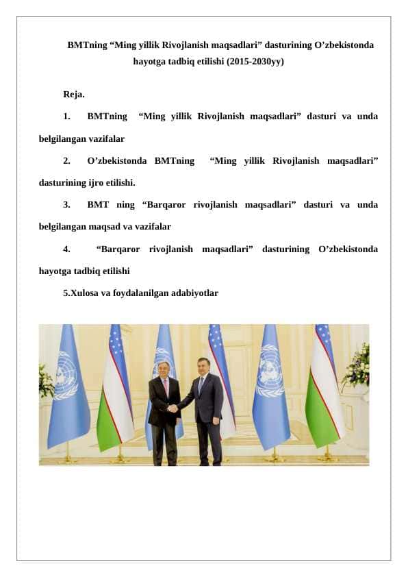 BMTning “Ming yillik Rivojlanish maqsadlari” dasturining O’zbekistonda hayotga tadbiq etilishi (2015-2030yy) 24