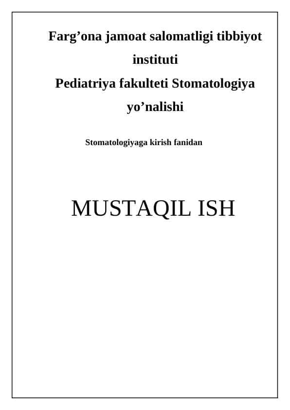 Stomatologiya klinikasi,uning turlari,kategoriyalari.Tibbiy xodimlarni kadrlar bilan taminlash standartlari va funksional majburiyatlari.Tish klinikasini hujjatlari