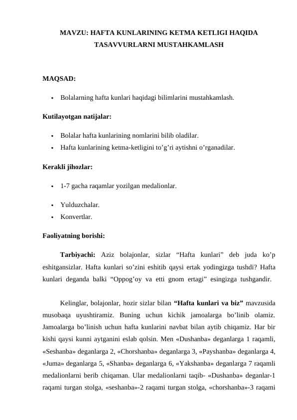 : HAFTA KUNLARINING KETMA KETLIGI HAQIDA TASAVVURLARNI MUSTAHKAMLASH ESSE