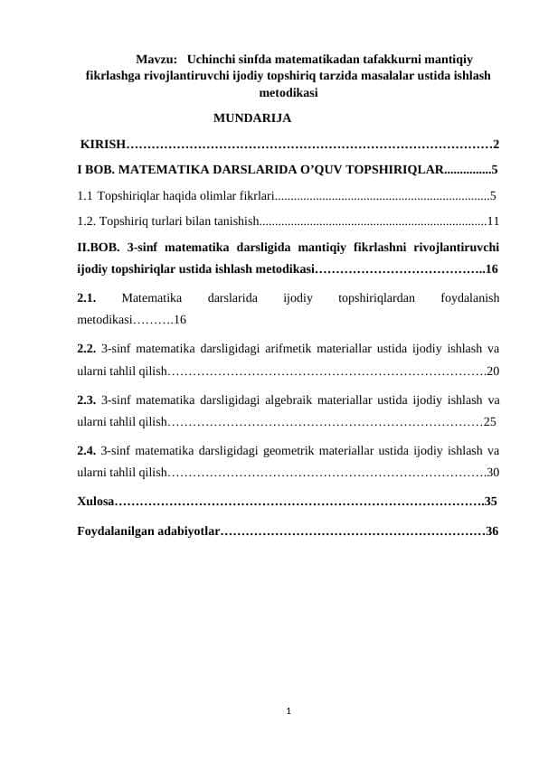 Uchinchi sinfda matematikadan tafakkurni mantiqiy fikrlashga rivojlantiruvchi ijodiy topshiriq tarzida masalalar ustida ishlash metodikasi