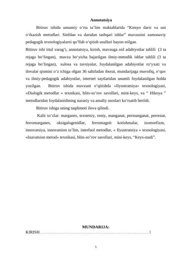 Kimyo darsi va uni o‘tkazish metodlari. Sinfdan va darsdan tashqari ishlar.