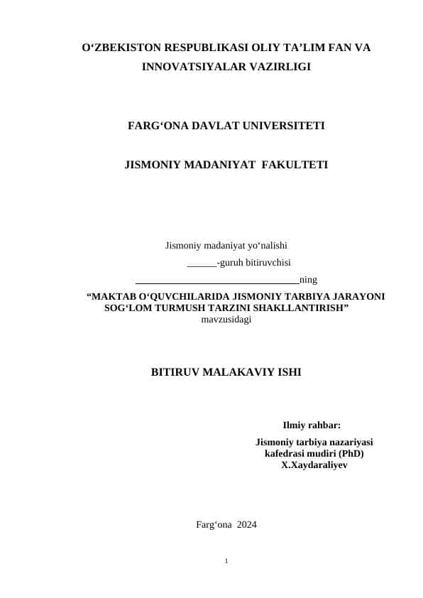 MAKTAB O‘QUVCHILARIDA JISMONIY TARBIYA JARAYONI SOG‘LOM TURMUSH TARZINI SHAKLLANTIRISH BITIRUV MALAKAVIY ISH BMI