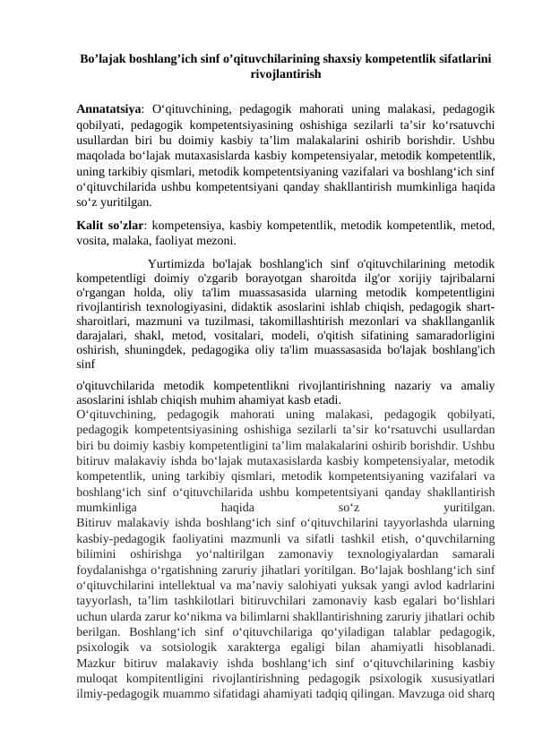 Boshlangich ta’limda o‘quvchi ijodiy faoliyatini takomillashtirish metodikasi