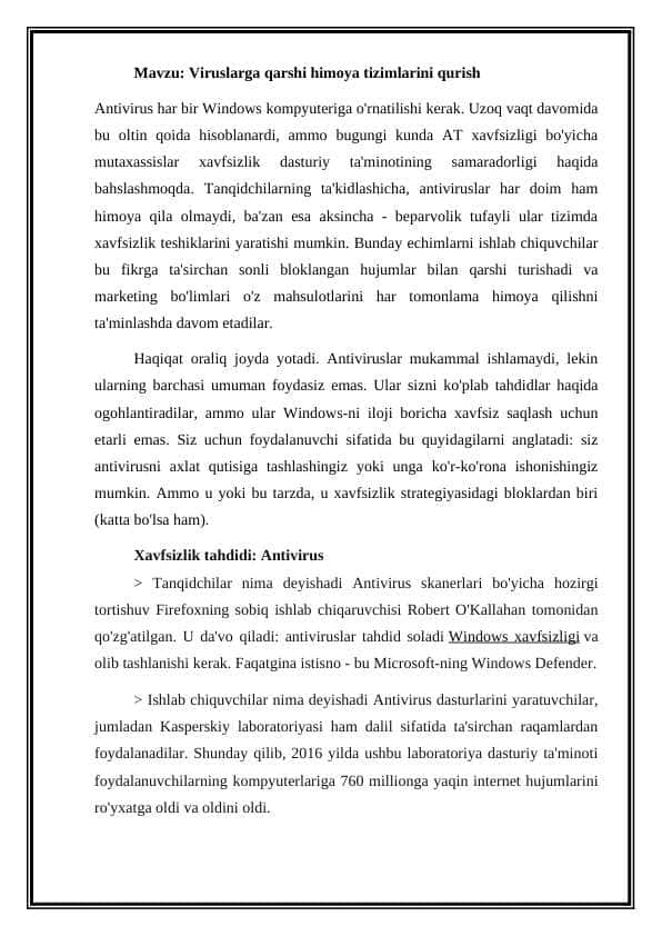 Viruslarga qarshi himoya tizimlarini qurish