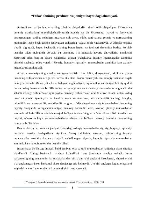“Etika” fanining predmeti va jamiyat hayotidagi ahamiyati.