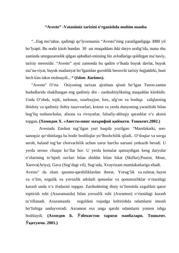 avesto haqida adabiyotlar bilan ishlash