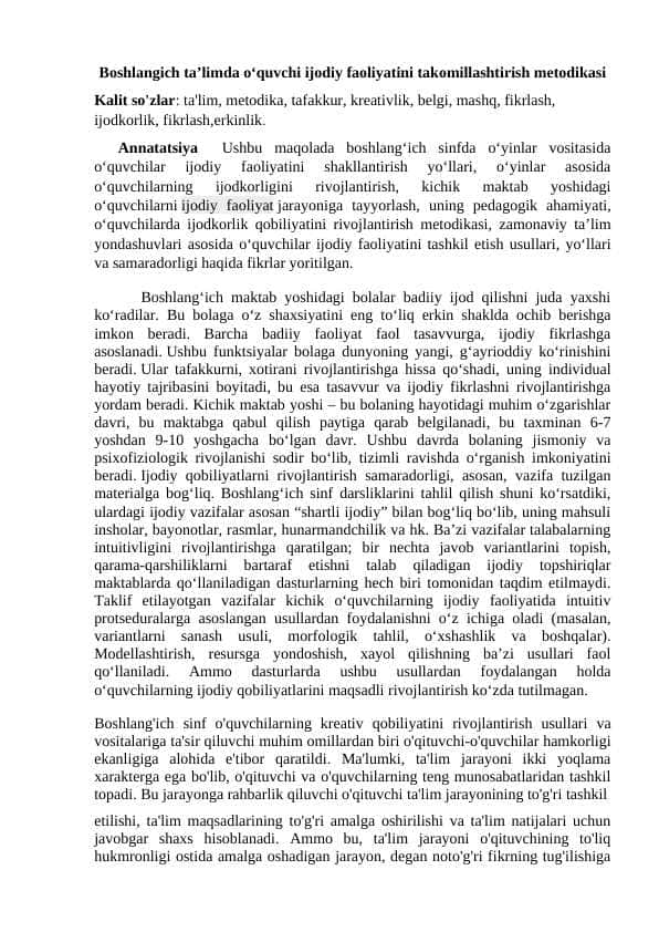 Boshlangich ta’limda o‘quvchi ijodiy faoliyatini takomillashtirish metodikasi
