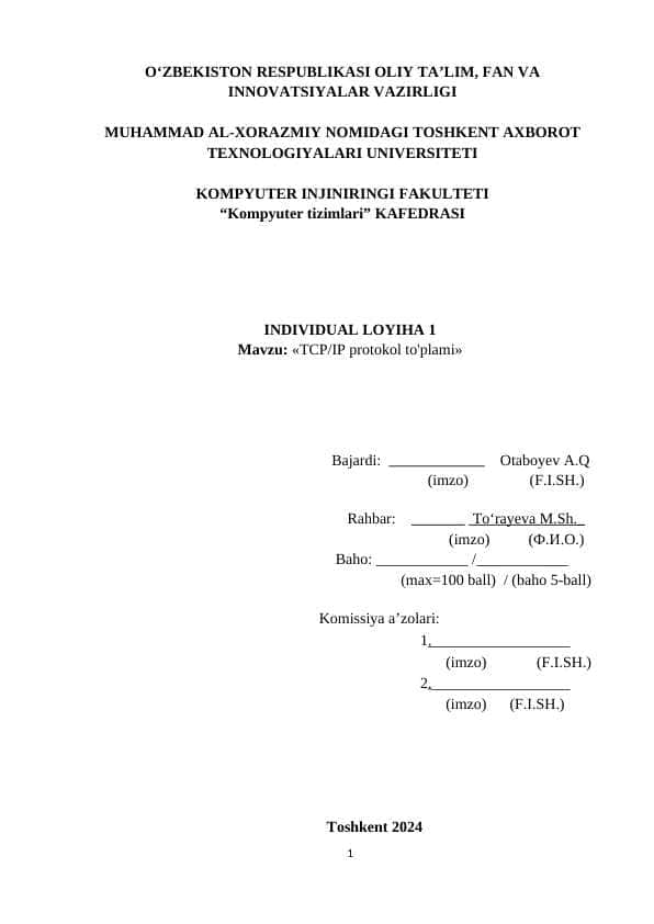 "TCP/IP protokol to'plami" mavzusida Individual loyiha 1