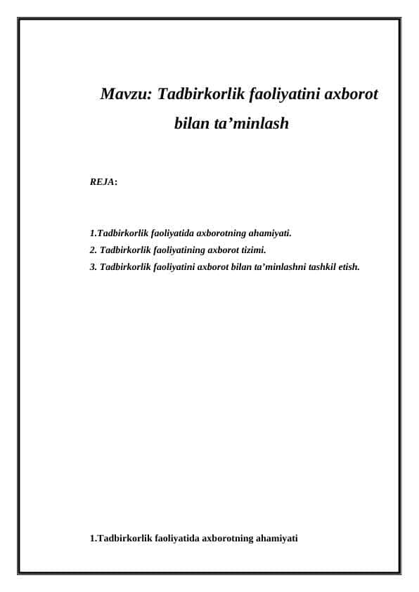 Tadbirkorlik faoliyatini axborot bilan ta’minlash