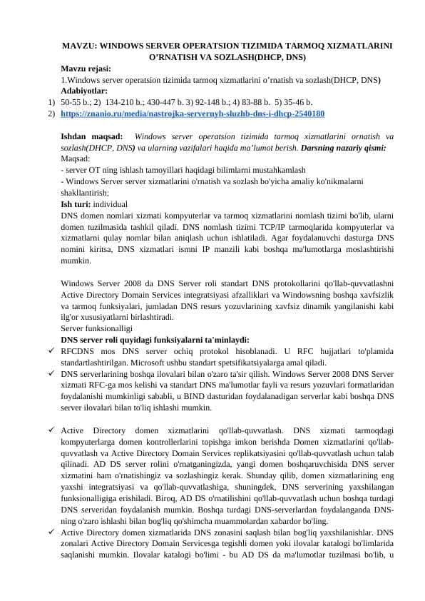 WINDOWS SERVER OPERATSION TIZIMIDA TARMOQ XIZMATLARINI O’RNATISH VA SOZLASH(DHCP, DNS)