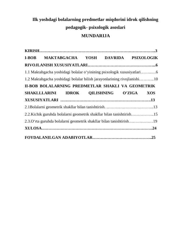 Ilk yoshdagi bolalarning predmetlar miqdorini idrok qilishning pedagogik- psixologik asoslari