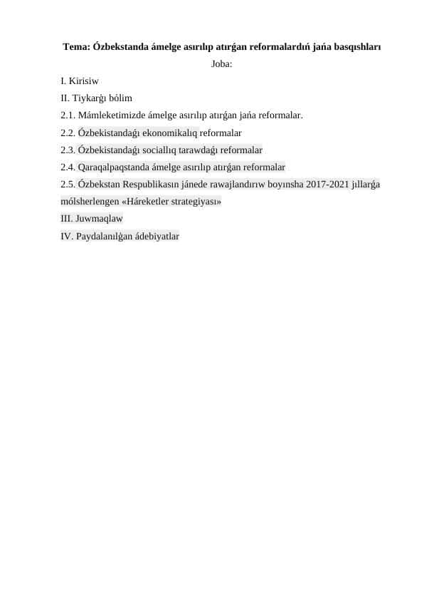 Ózbekstanda ámelge asırılıp atırǵan reformalardıń jańa basqıshları