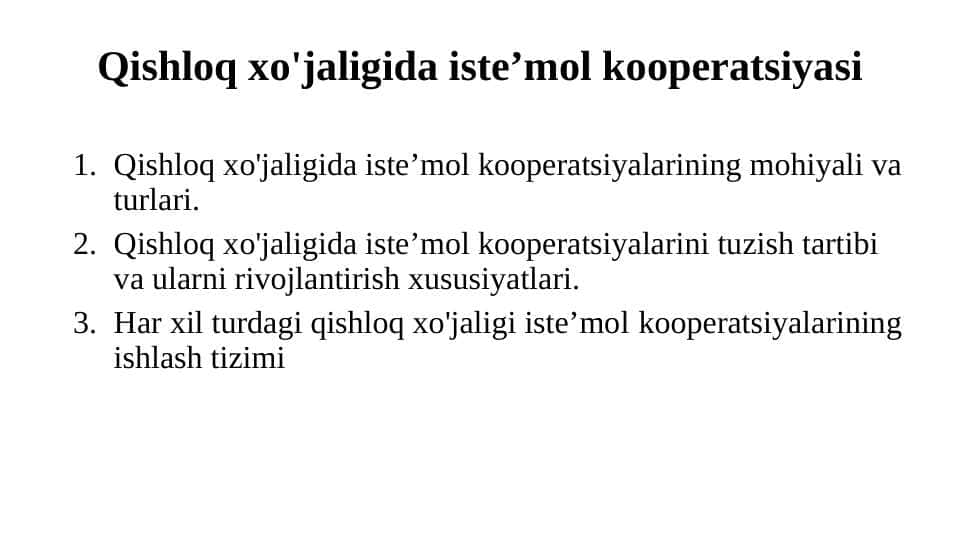 Qishloq xo'jaligida iste’mol kooperatsiyasi