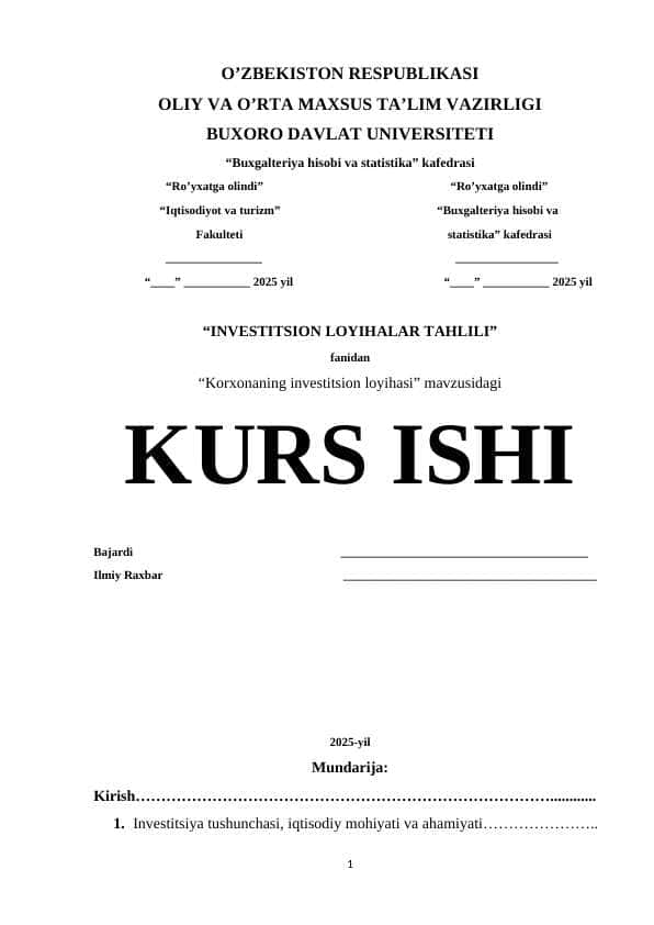 Korxonaning investitsion loyihasi