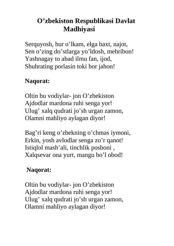 o'zbekiston davlat madhiyasi