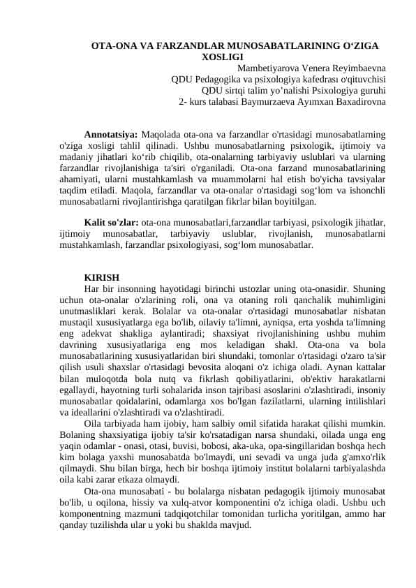 OTA-ONA VA FARZANDLAR MUNOSABATLARINING O‘ZIGA XOSLIGI.docx