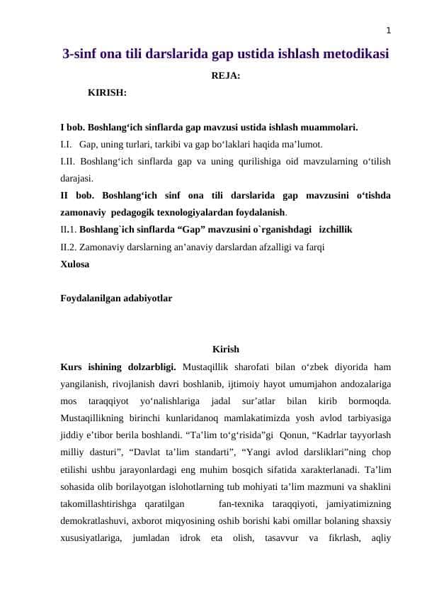 3-sinf ona tili darslarida gap ustida ishlash metodikasi