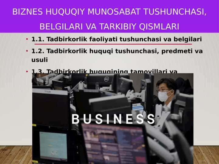 Biznes huquqiy munosabat tushunchasi, belgilari va tarkibiy qismlari