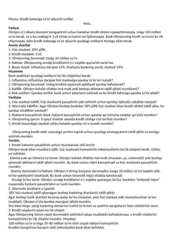 Kredit bahosiga taʼsir qiluvchi omillar mavzusida keys