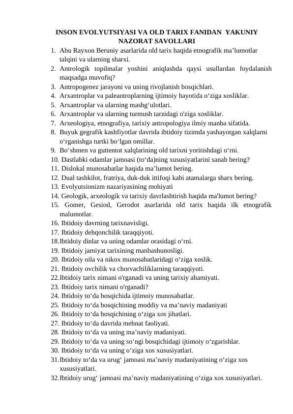 INSON EVOLYUTSIYASI VA OLD TARIX FANIDAN YAKUNIY NAZORAT SAVOLLARI