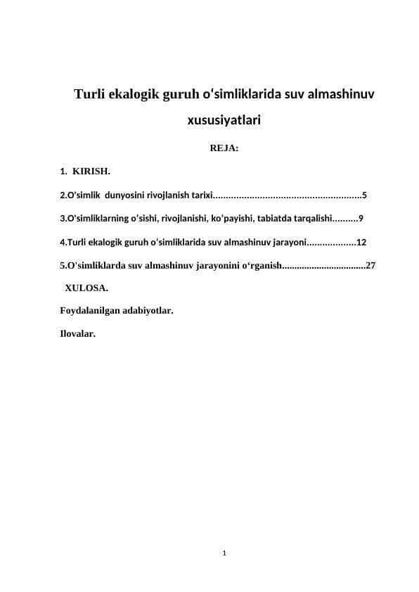 Turli ekalogik guruh oʻsimliklarida suv almashinuv xususiyatlari