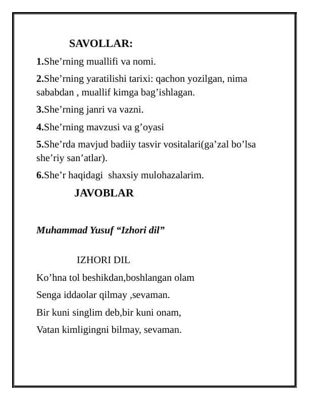 “Izhori dil” she'ri tahlili - Muhammad Yusuf