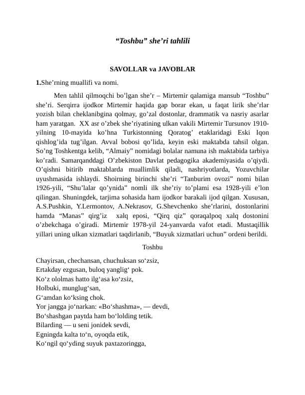 “Toshbu” she’ri tahlili - Mirtemir