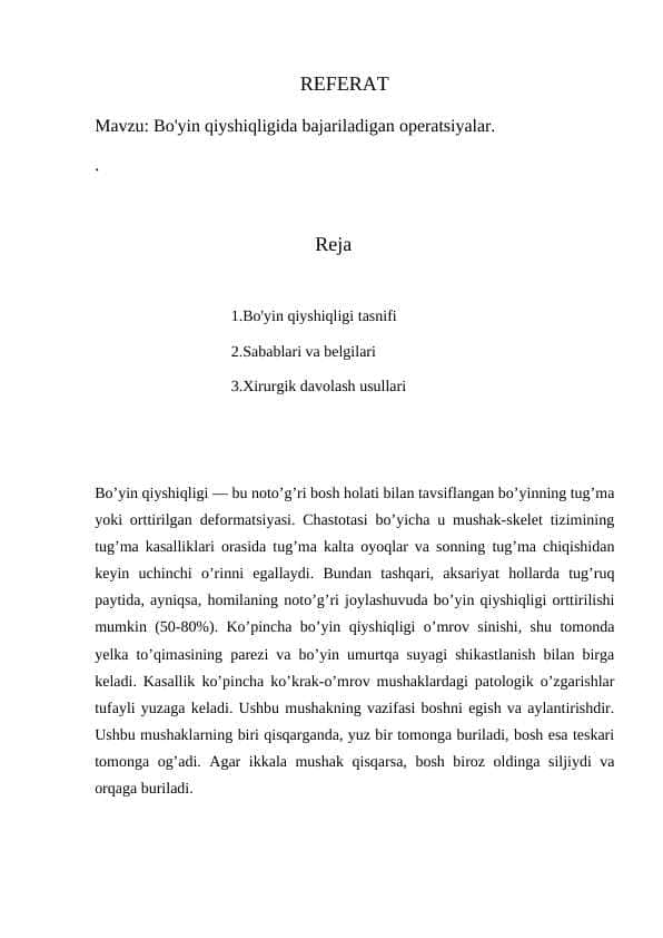Bo'yin qiyshiqligida bajariladigan operatsiyalar