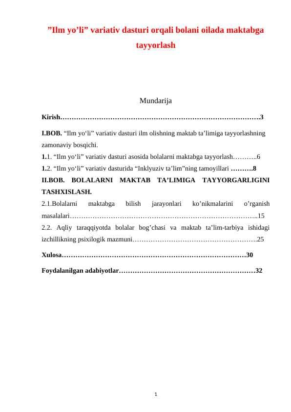 ”Ilm yo’li” variativ dasturi orqali bolani oilada maktabga tayyorlash