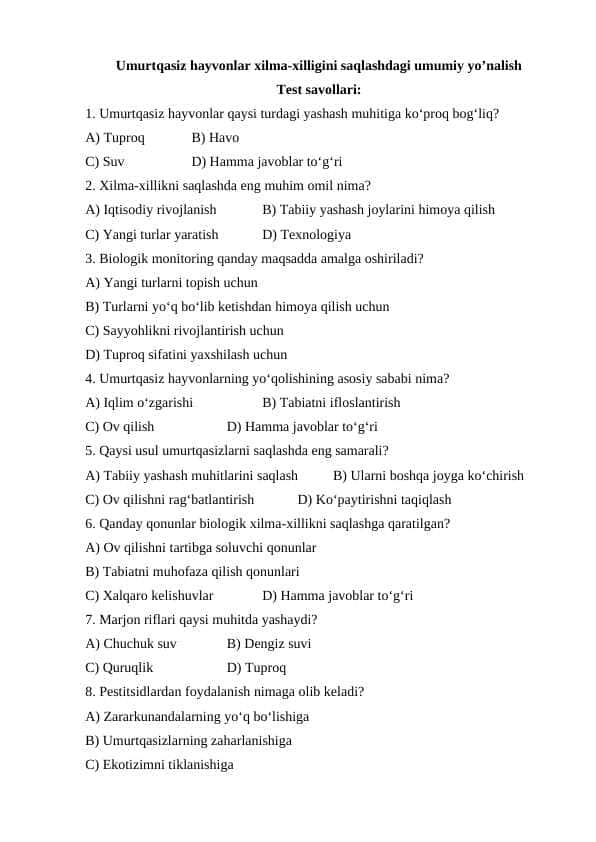 Umurtqasiz hayvonlar xilma-xilligini saqlashdagi umumiy yo’nalish Test savollari