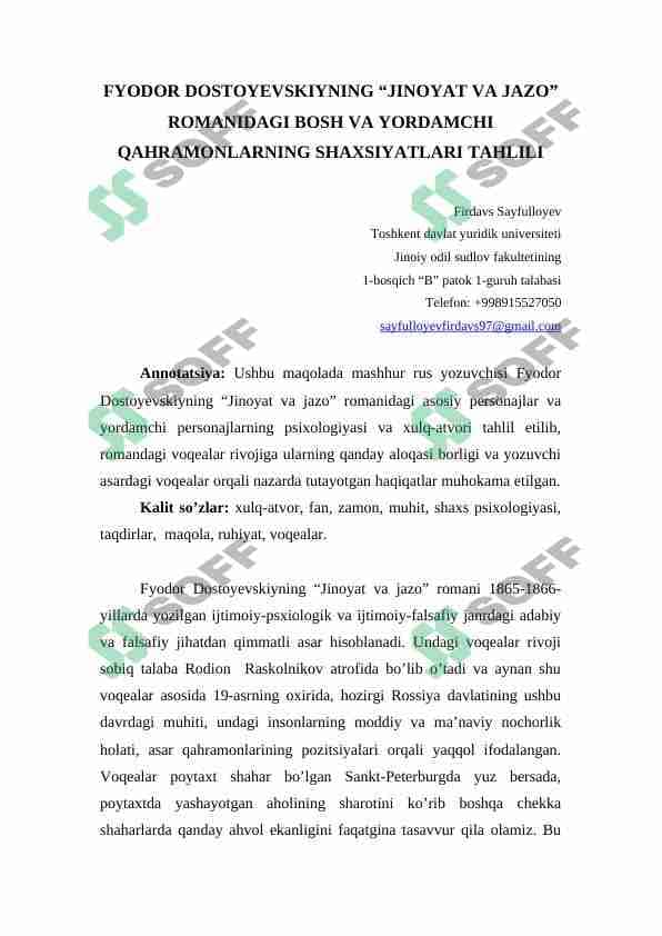 Fyodor Dostoyevskiyning "Jinoyat va jazo" romanidagi asosiy qahramonlar tahlili maqola
