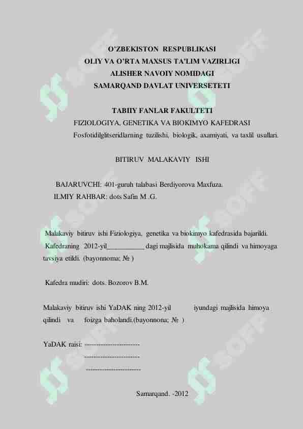 Fosfotidilglitseridlarning tuzilishi, biologik, axamiyati, va taxlil usullari.