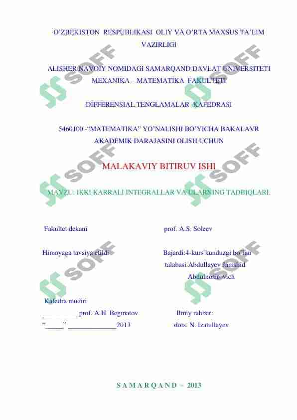 IKKI KARRALI INTEGRALLAR VA ULARNING TADBIQLARI