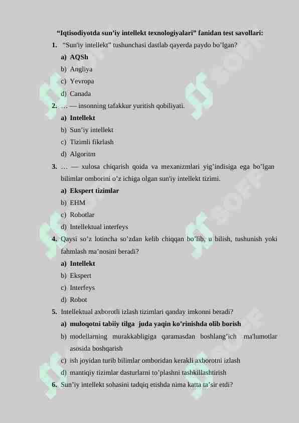 Iqtisodiyotda sun’iy intellekt texnologiyalari” fanidan test savollari