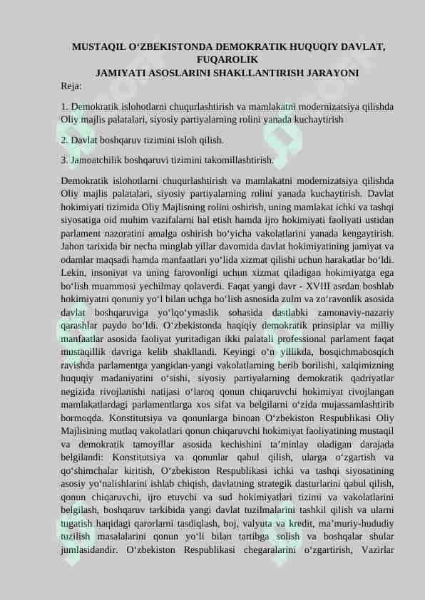 MUSTAQIL O‘ZBEKISTONDA DEMOKRATIK HUQUQIY DAVLAT, FUQAROLIK JAMIYATI ASOSLARINI SHAKLLANTIRISH JARAYONI