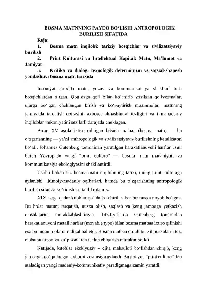 BOSMA MATNNING PAYDO BO‘LISHI ANTROPOLOGIK BURILISH SIFATIDA